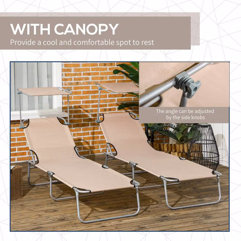 OUTSUNNY Set of 2 Folding Sun Loungers with Sun Canopy and Adjustable Headrest in Sand – 4