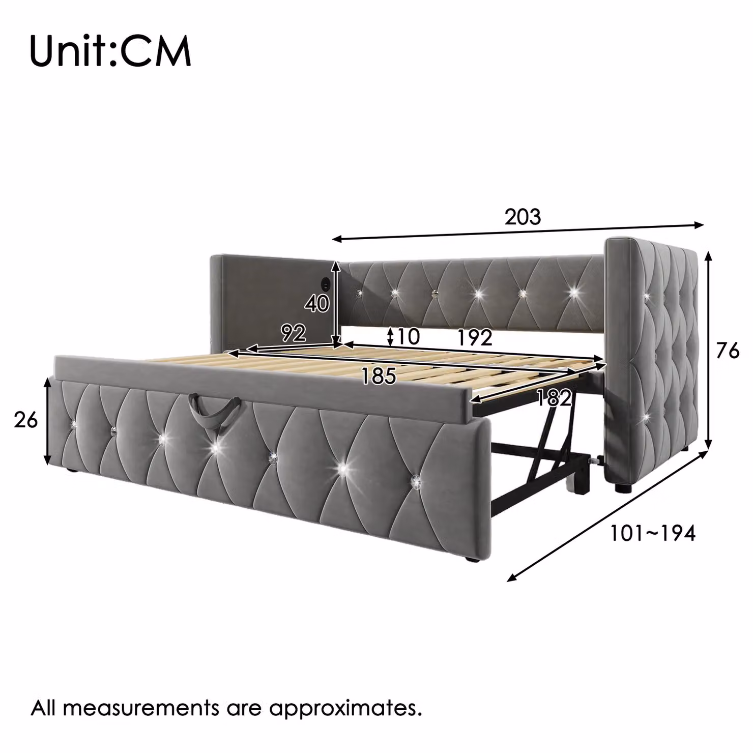 Matteo Grey Velvet Upholstered Single Bed with USB Charging Port and Lift Up Base, W/D/H: 90 x 190 cm – 2