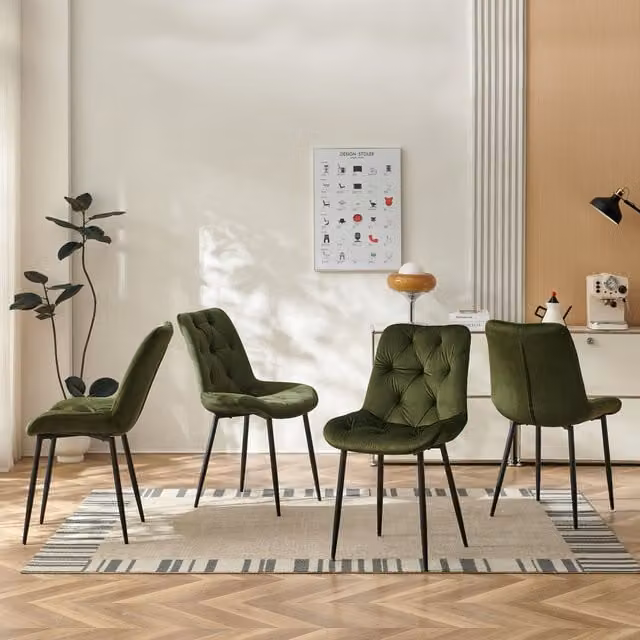 SONARA Modern Set of 4 Green Velvet Dining Chairs with Ergonomic Upholstered Seats and Metal Legs