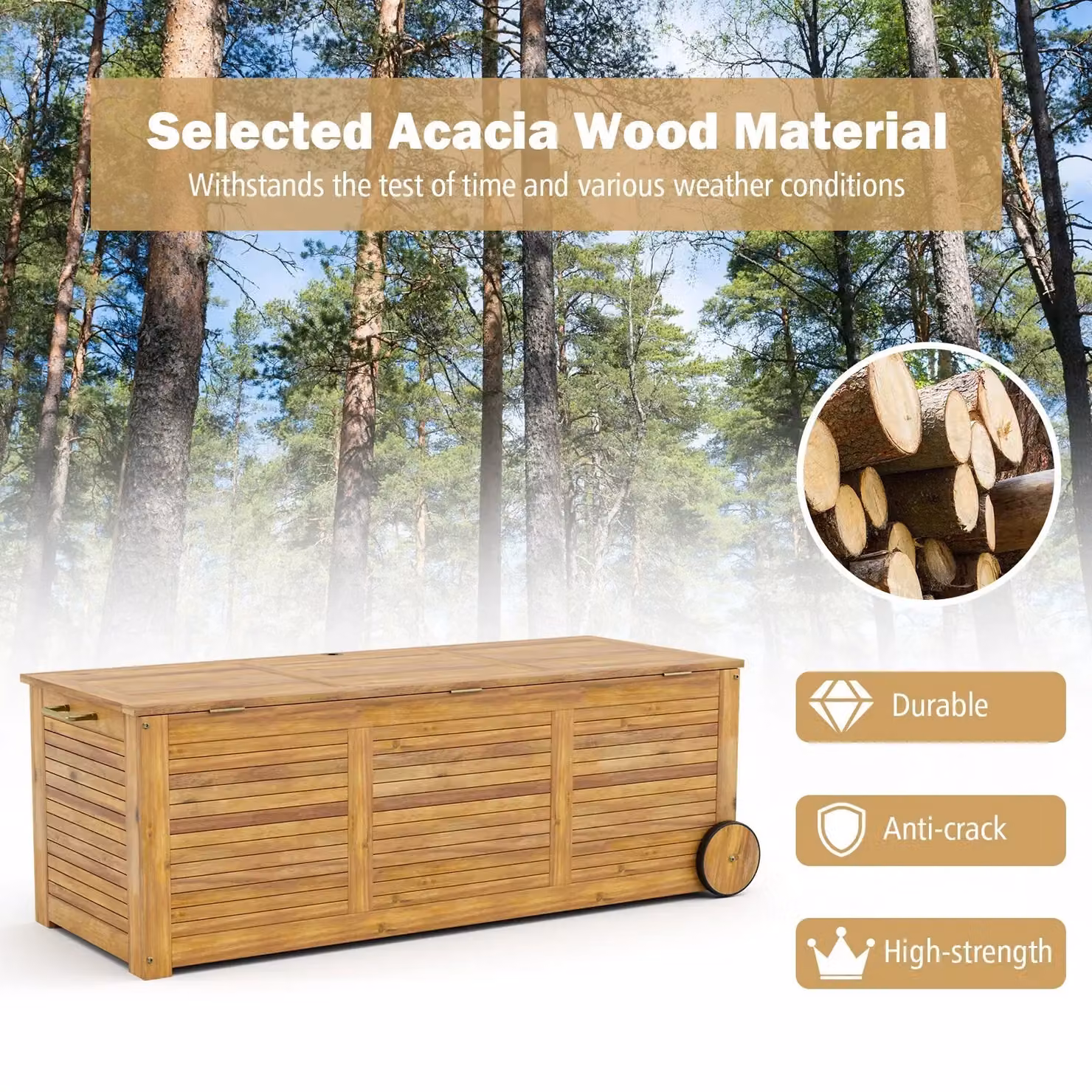 Costway 180L Acacia Wood Outdoor Storage Box with Wheels in Natural Brown – 3