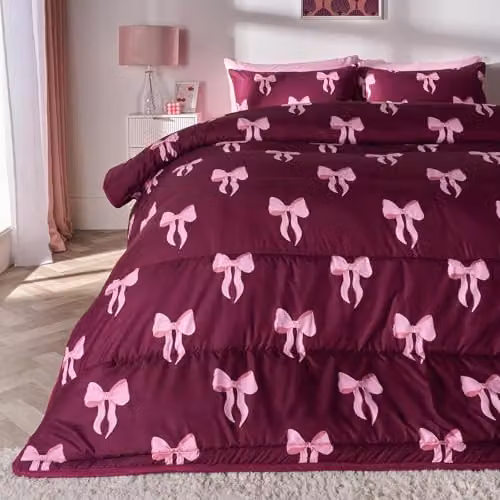 OHS 10.5 Tog Coverless Microfibre Duvet and Pillowcase Set with Bow Print, Burgundy, King Size