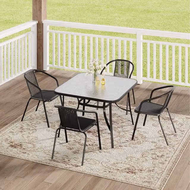 Komore Black Polyrattan Garden Table and Four Chairs Set with Rectangular Glass Top