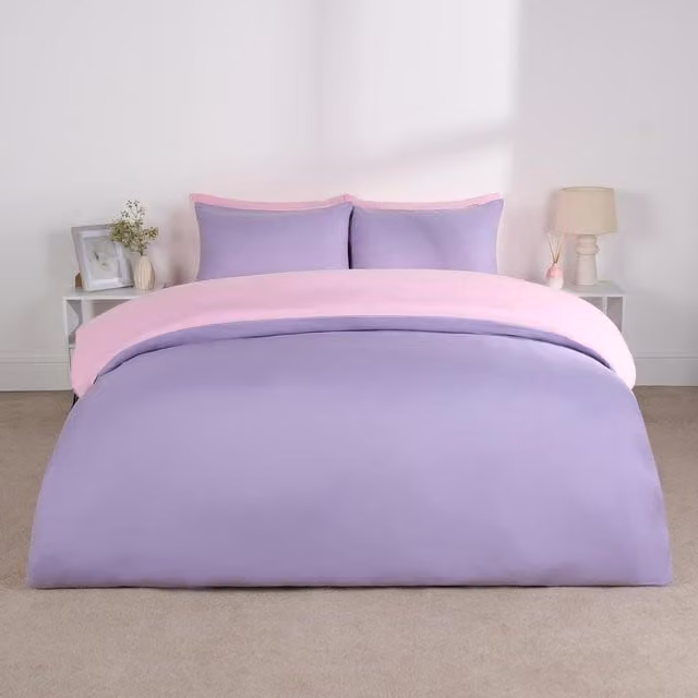 Brentfords Reversible Plain Microfibre Duvet Set in Pink and Purple, W: 140 cm, L: 200 cm