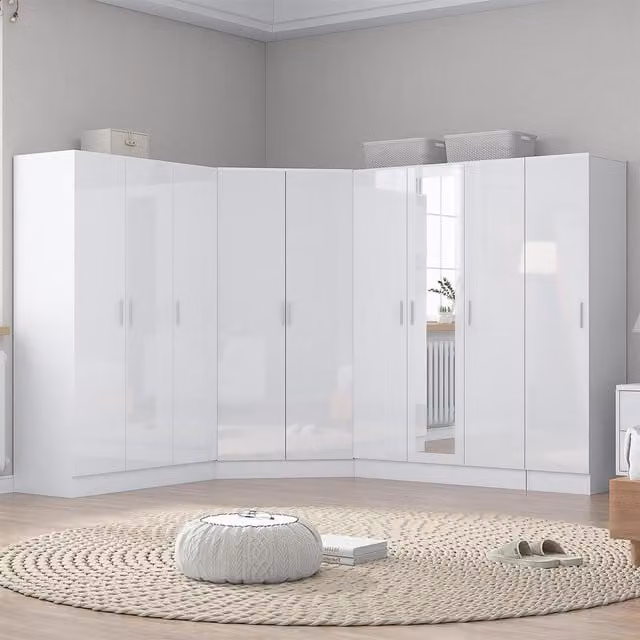 REFLECT Wardrobe Bundle in White Gloss and Matt White featuring Corner, 3-Door Mirrored, 3-Door Plain and 1-Door Units