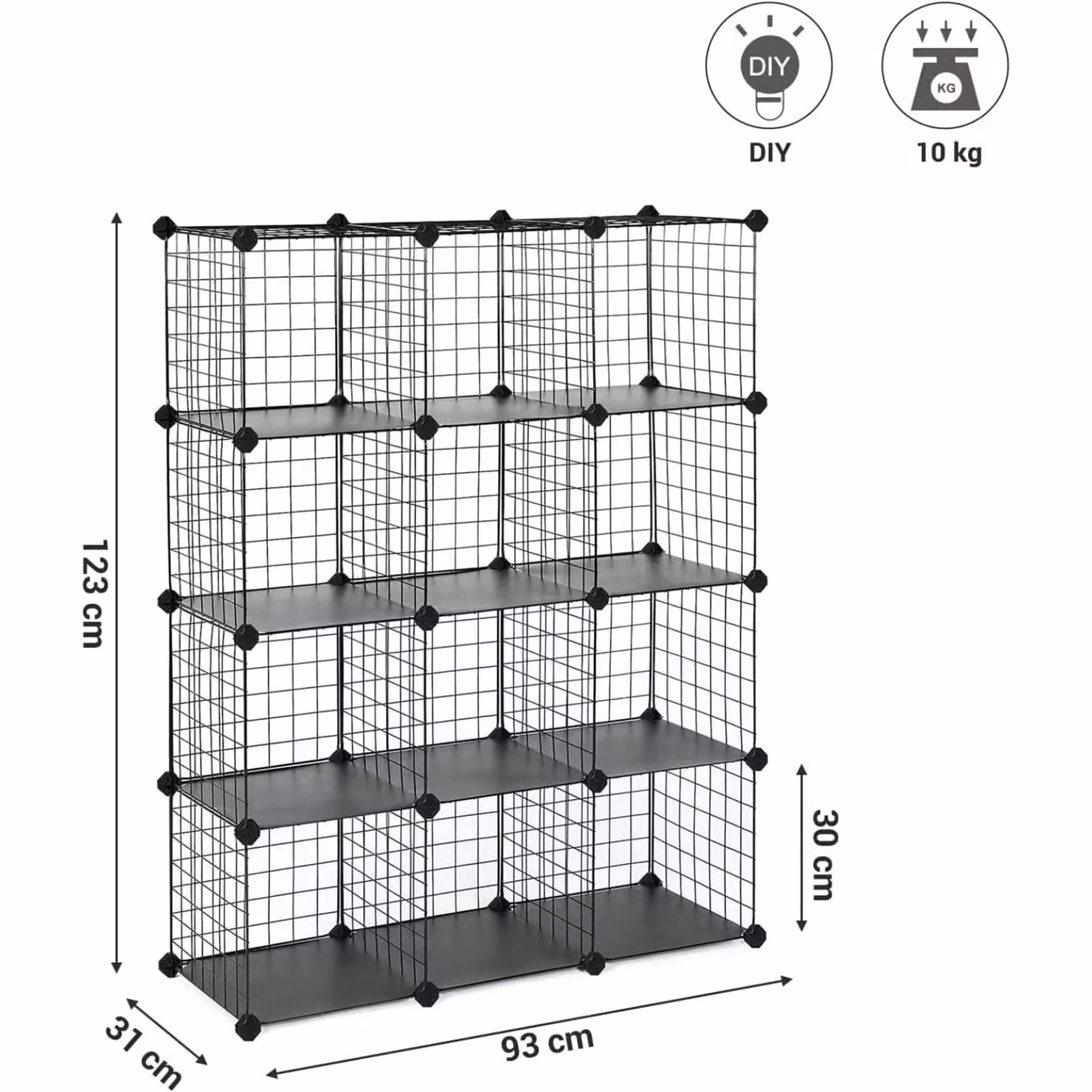 SONGMICS 12-Cube Metal Wire Grid Storage Rack with PP Sheets in Black – 3