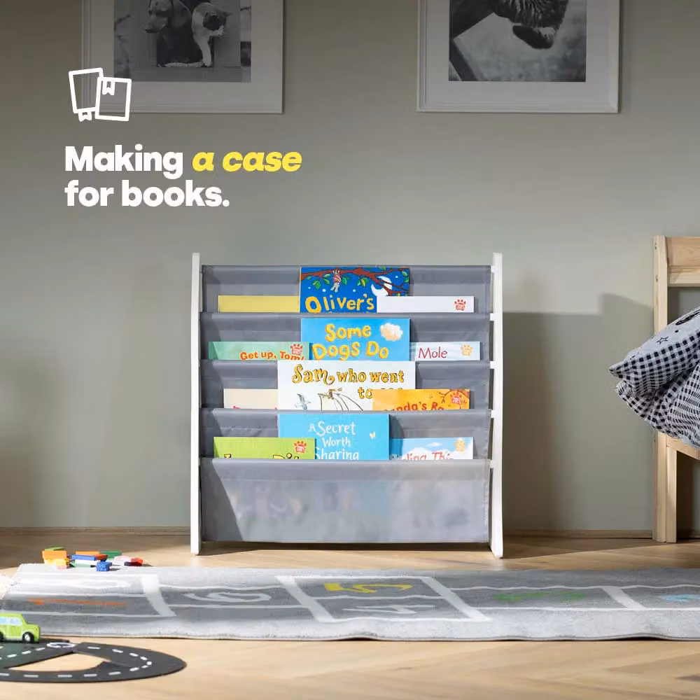 LIVIVO 4 Tier Natural Kids Sling Bookshelf in Grey, W/D/H: 58 x 28 x 58 cm – 2