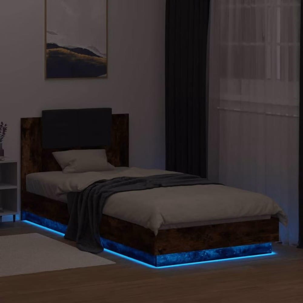 Berkfield Home Durable Bed Frame with LED Under-Bed Lighting in Smoked Oak Brown, W/D/H: 90 x 200 cm – 4