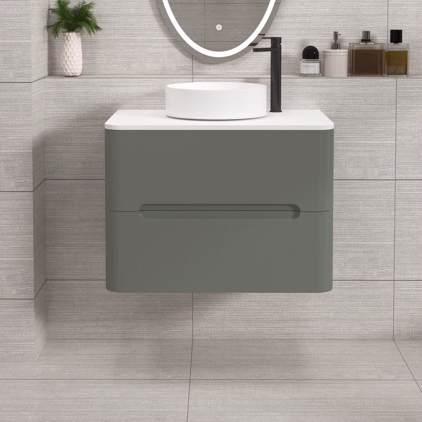Royal Bathrooms Venice Wall Hung Vanity Unit with 2 Drawers and Plain White Worktop, Sage Green, W: 70 cm