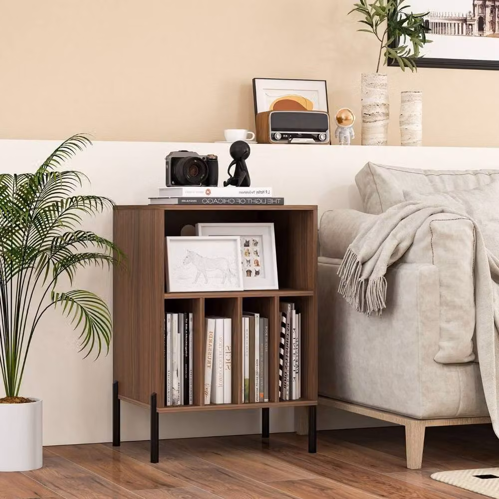 Costway Vinyl Record Player Stand with Integrated Charging Station in Walnut – 6