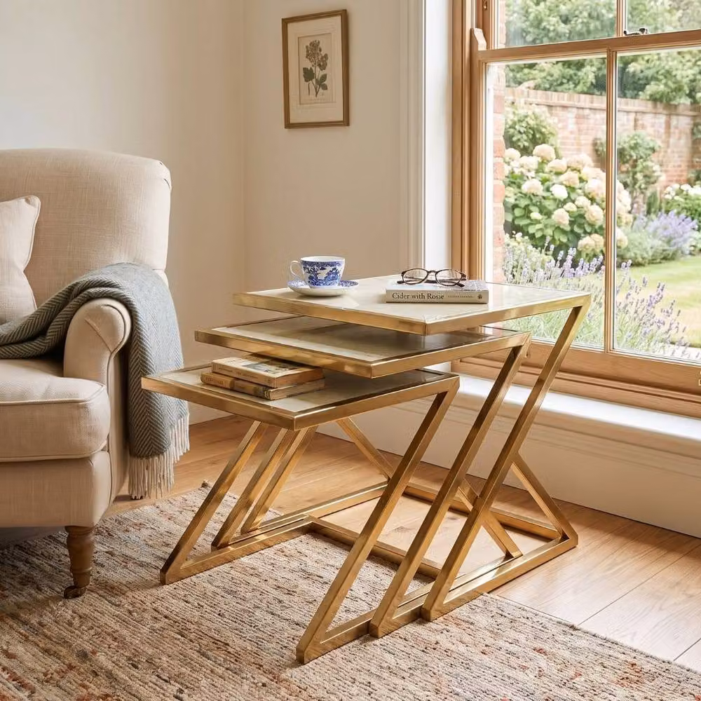 Home Luxe Interior Carra Gold Nest of 3 Tables with Cream Marble Tops and Gold Metal Frames – 2