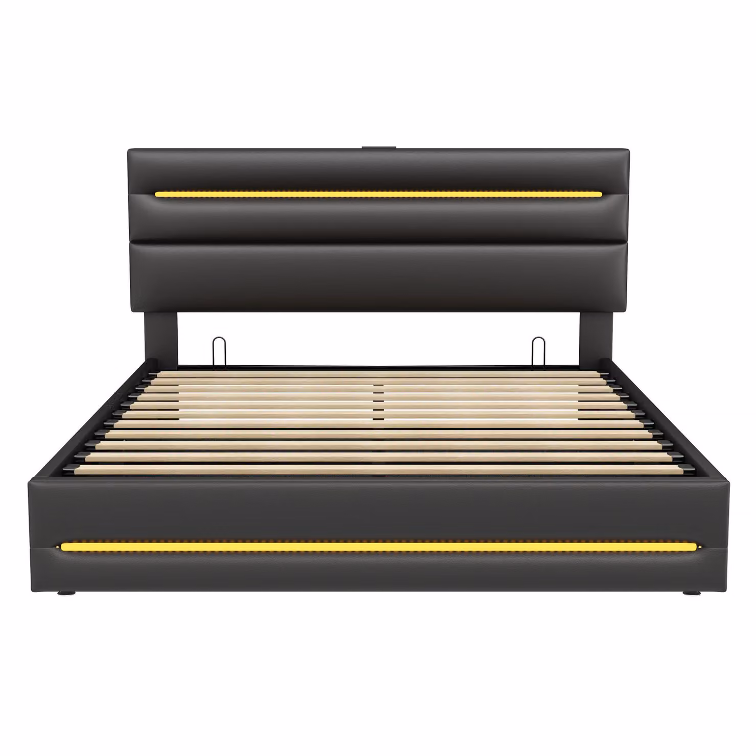 Aosom UK King Upholstered Bed Frame with Hydraulic Storage, LED Lights and USB Ports, Black, W: 160 cm, D: 210 cm, H: 110 cm – 2