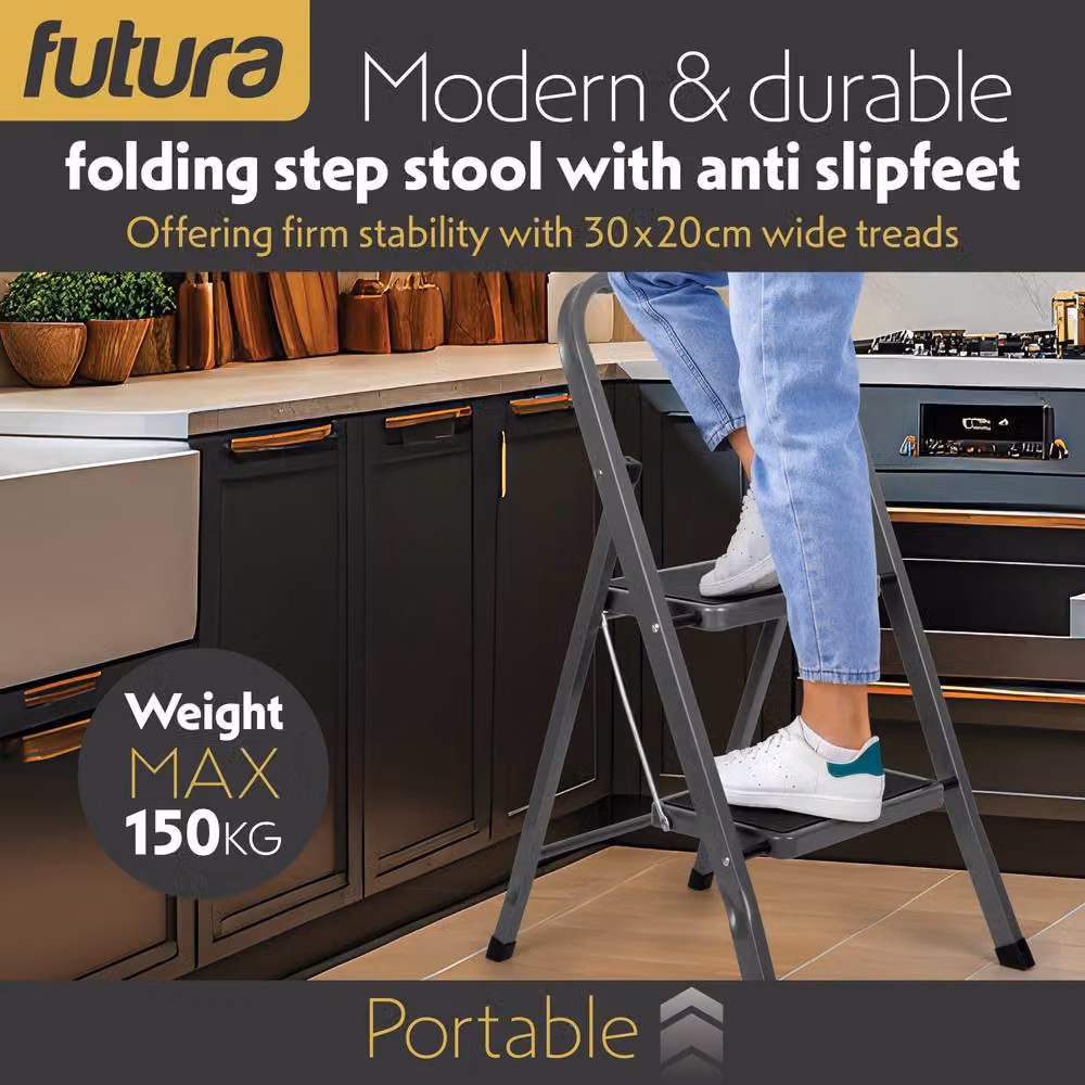Futura 2 Step Heavy-Duty Steel Folding Step Ladder in Grey – 4