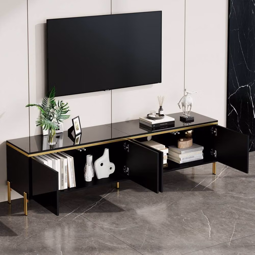 Merax Modern High Gloss TV Unit in Black with Gold Metal Legs and 4 Doors, Width: 170 cm – 4
