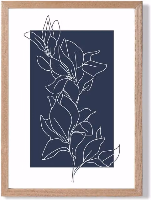 ARTZE Abstract Navy Blue and White Floral Line Art Framed Print with Oak Frame