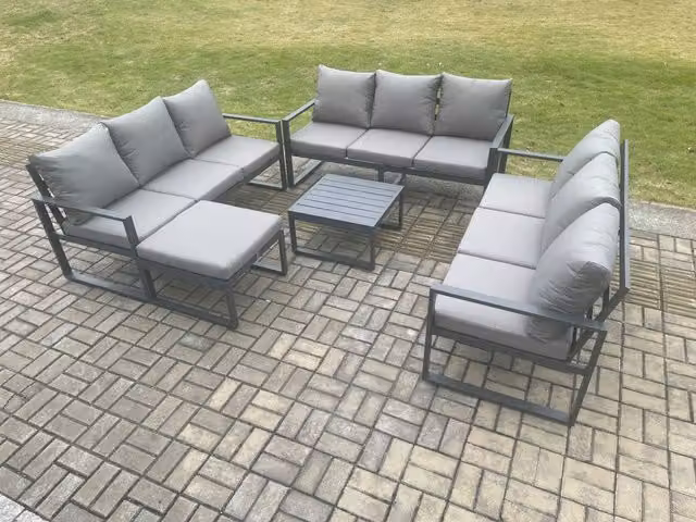 Fimous 10 Seater Outdoor Garden Furniture Set in Dark Grey, featuring Powder Coated Aluminium Frame, 3 Seater Sofa, Coffee Table and Ottoman with Weather Resistant Cushions