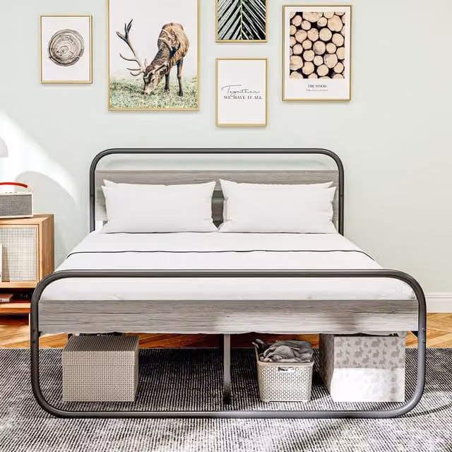 HOMCOM Industrial Metal Platform Bed Frame with Storage, Grey, W: 180 cm, D: 200 cm