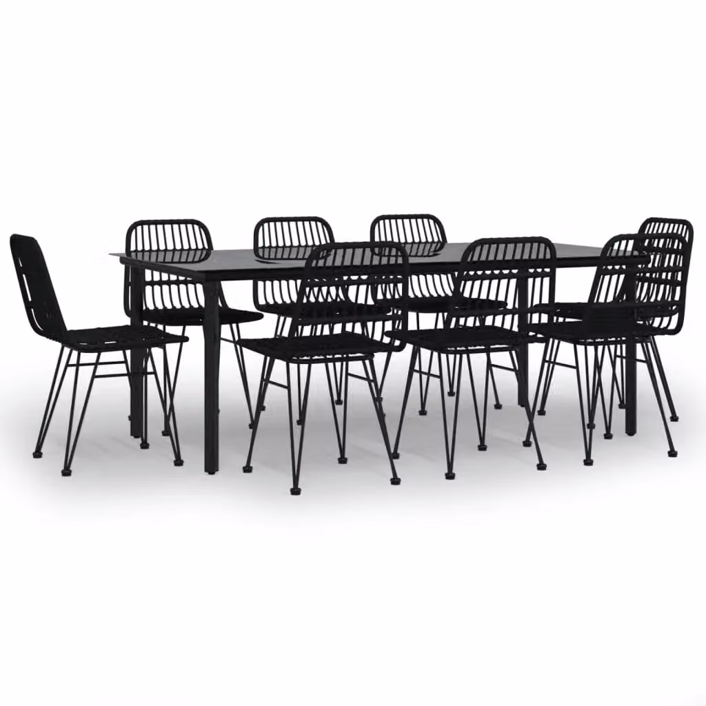 Berkfield Home 9 Piece Black Poly Rattan Garden Dining Set with Glass Top
