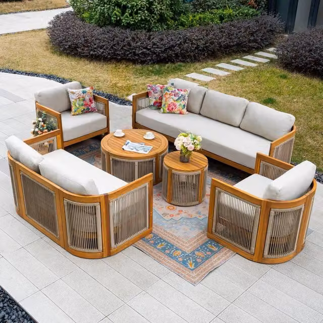 MIMO 5-Piece Outdoor Solid Acacia Wood Sofa Set with U-Shape Design and Round Coffee Table in Natural