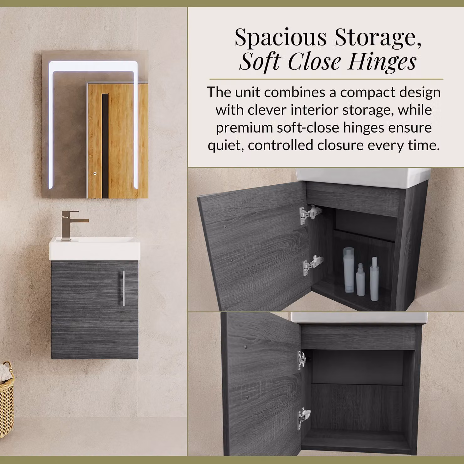 Balterley Saint Contemporary Wall Hung Bathroom Vanity Unit with Rectangular Basin and Soft-Close Door, Anthracite Grey Woodgrain, W: 40.5 cm, D: 52 cm, H: 22.2 cm – 3