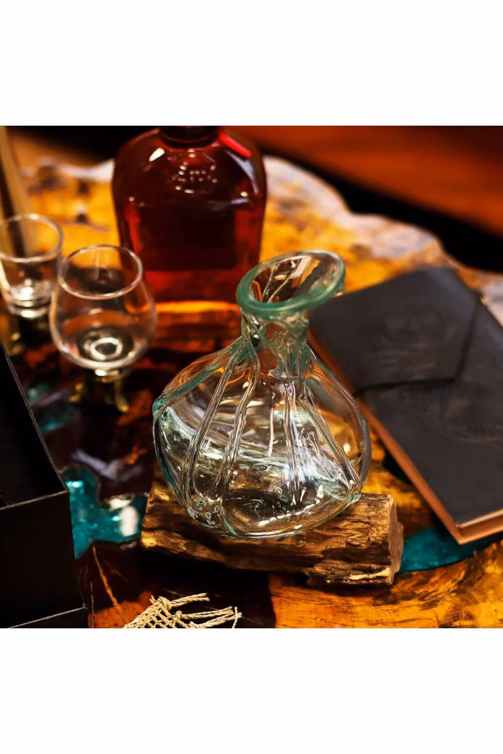 KDMD Handcrafted Turquoise Molten Glass Mini Decanter on Reclaimed Wood – 3