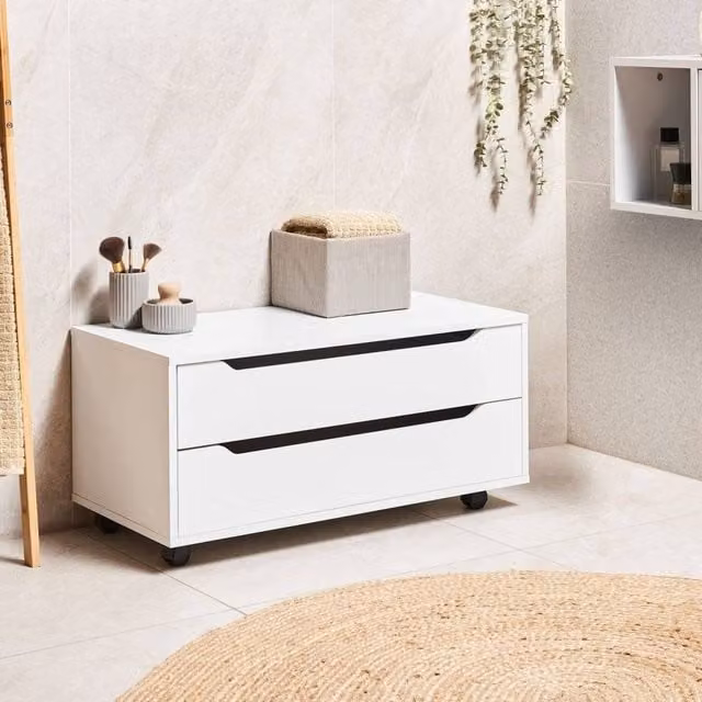 Wyld and Coco White MDP Bathroom Cabinet with 2 Drawers and Wheels, W: 80 cm, D: 39 cm, H: 39 cm – 1