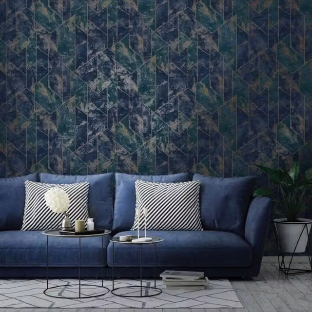 Holden Geometric Abstract Wallpaper in Blue, Gold and Beige