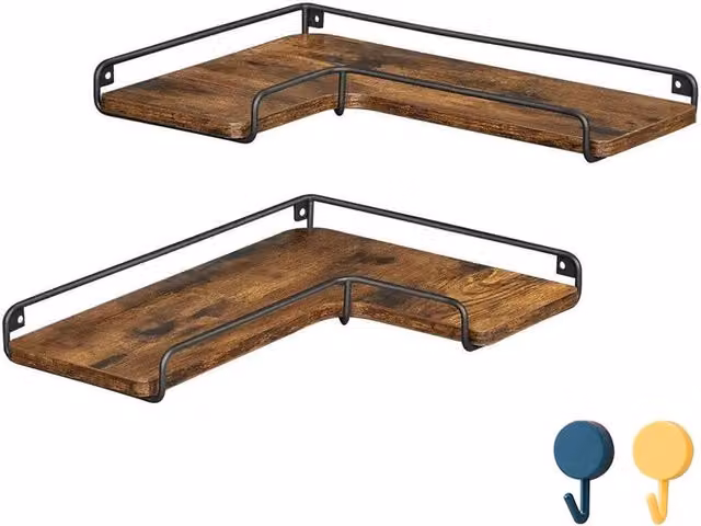 Ventryn 2-Piece Brown Wood Corner Floating Shelves for Kitchen Wall Storage – 1