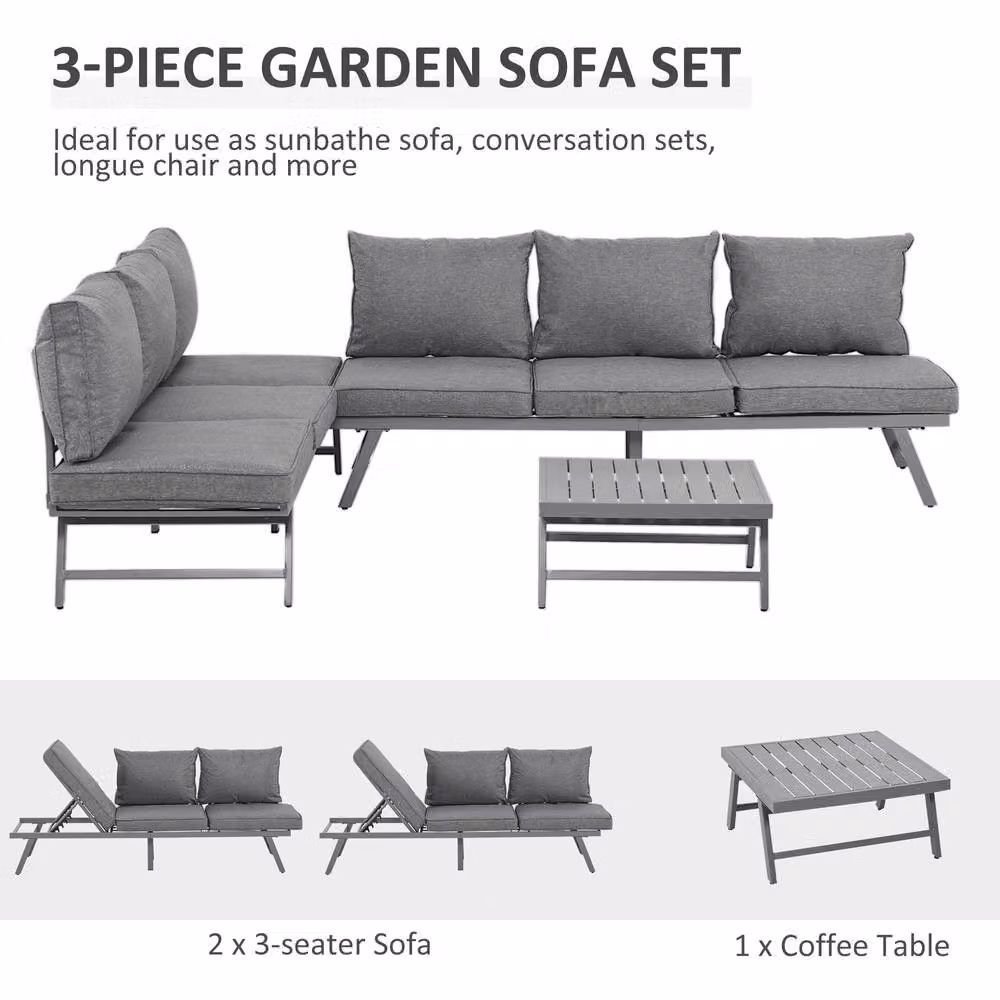 STILVORA 3-Piece Sofa Set in Grey with Adjustable Back and Metal Frame – 4