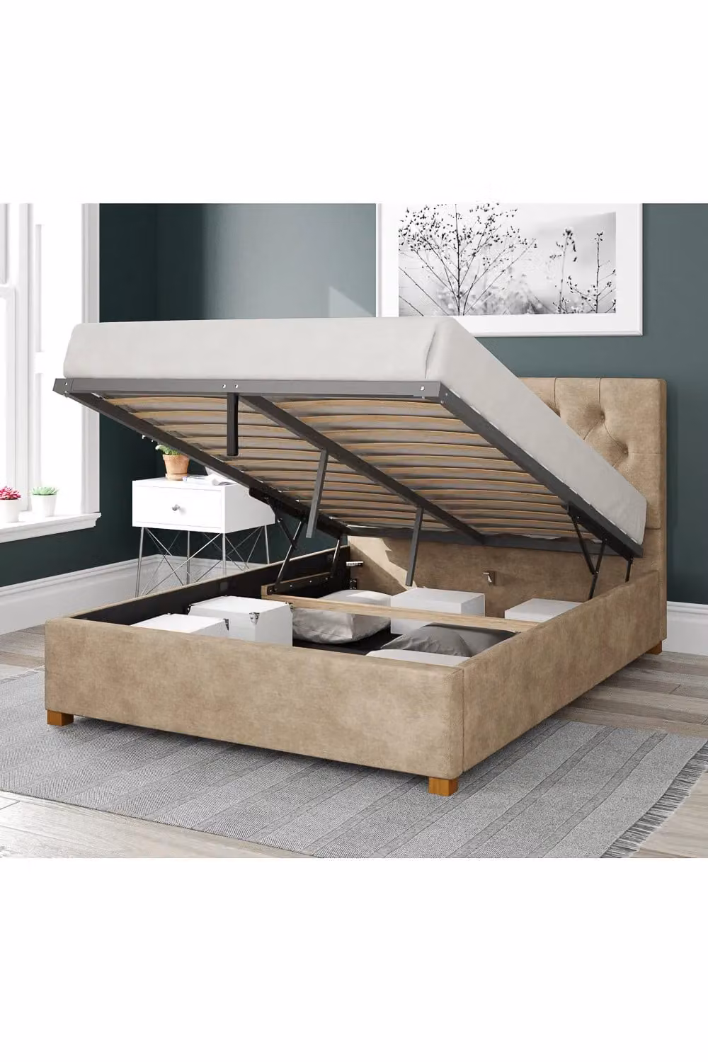 Aspire Olivier Upholstered Ottoman Storage Bed in Beige Kimiyo Linen Fabric, W/D/H: 140 x 200 cm – 2