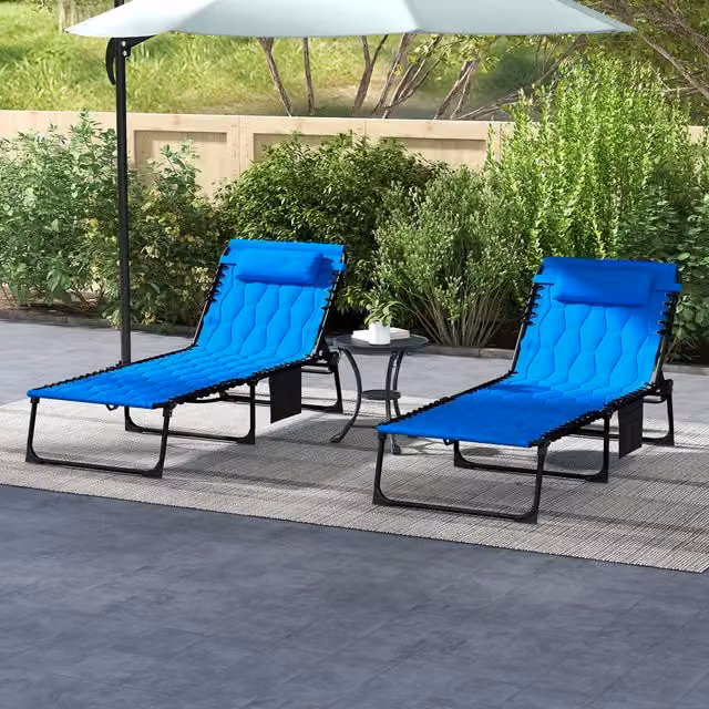 Outsunny 2 Piece Foldable Padded Sun Lounger Set in Blue with Adjustable Headrests