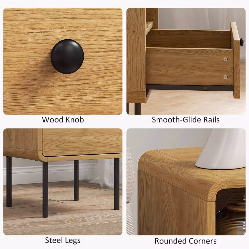 Wyld Haus Move Lalo Oak Finish Bedside Table with Drawer and Open Shelf in Light Oak – 6