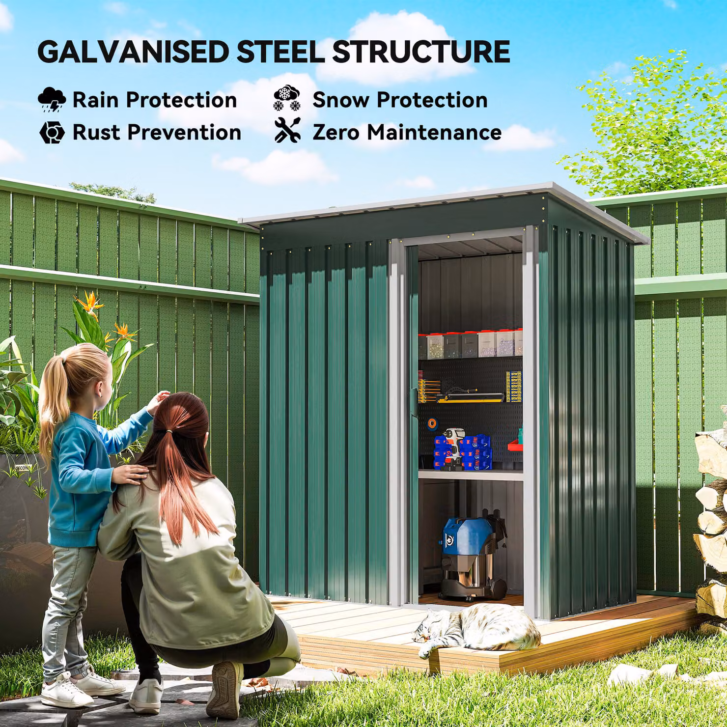 Outsunny Green Metal Garden Storage Shed with Sliding Door and Sloped Roof, W/D/H: 152.4 x 91.44 x 182.0 cm – 4