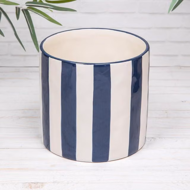 Annibells Blue and White Striped Ceramic Glazed Round Tabletop Indoor Flower Pot