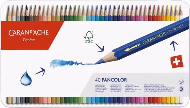 Caran d'Ache Fancolor Aquarelle 40 Water-Resistant Colour Pencils in a Metal Tin, Assorted Colours
