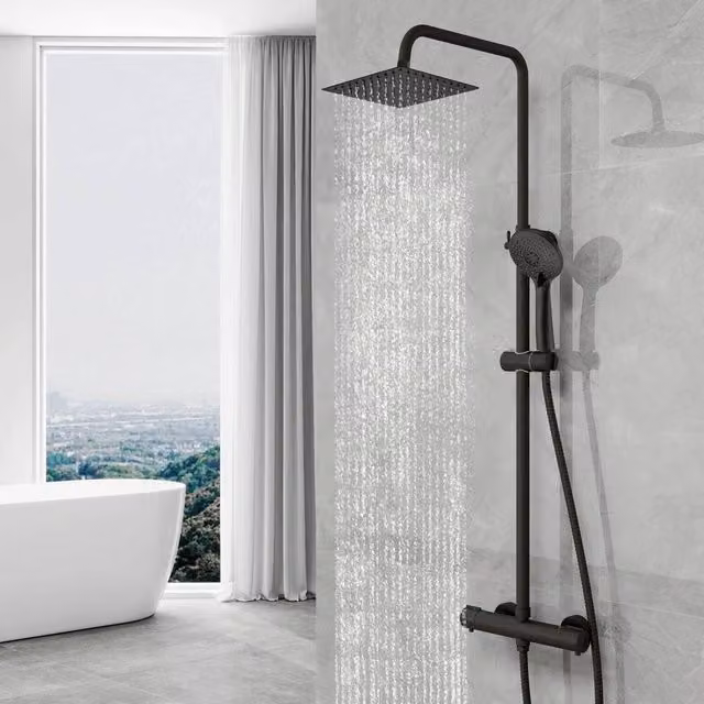 Hinsinc Round Bar Twin Head Thermostatic Shower Set in Matt Black, W: 180 cm, H: 180 cm – 1