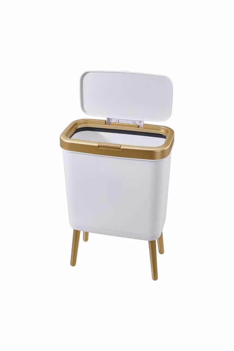 Garden Sanctuary White and Gold Touch Plastic High Foot Trash Bin with Lid and Odour Filter