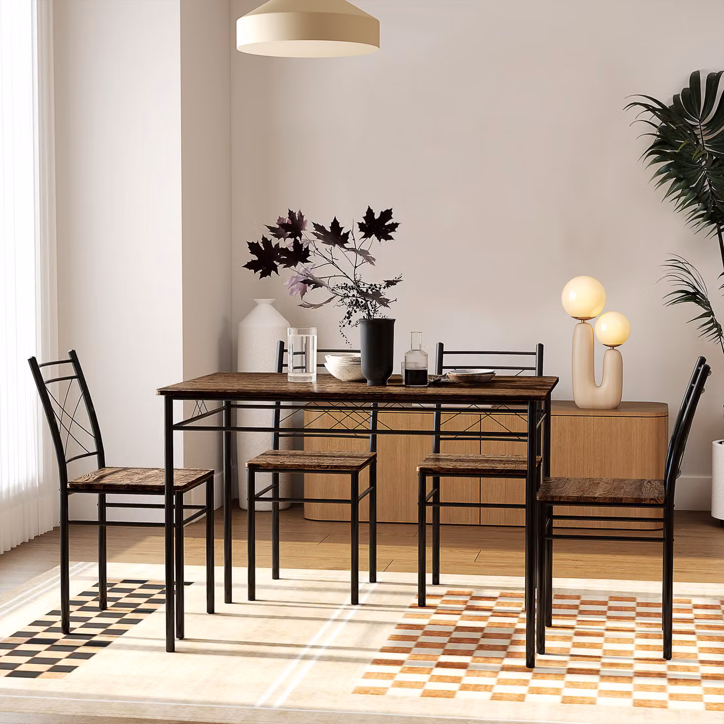 HOMCOM 5-Piece Industrial Dining Set with Rectangular Wood Table and Steel Frame in Brown and Black – 2
