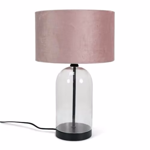 ValueLights Glass and Black Metal Bedside Table Lamp with Pink Velvet Lampshade and Warm White LED Bulb – 1