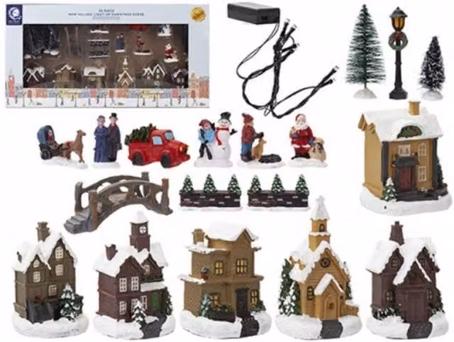 KDMD Mini Christmas Village Scene Set, 25 Pack Multicolour Plastic Tabletop Decorations – 1