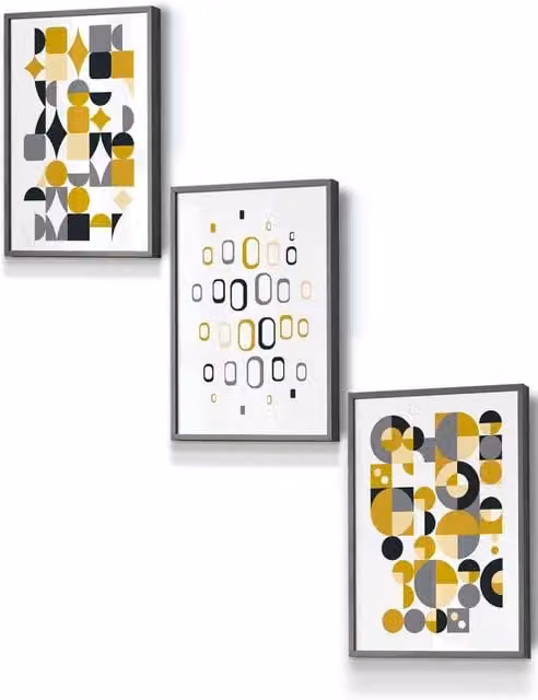 ARTZE Mid Century Geometric Abstract Framed Wall Art in Grey, Yellow and Black, W: 33 cm, H: 45 cm, D: 2 cm