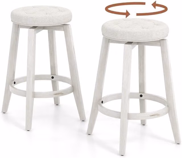Costway Set of 2 Shabby Chic Swivel Bar Stools in White with Synthetic Leather and Rubberwood Frame