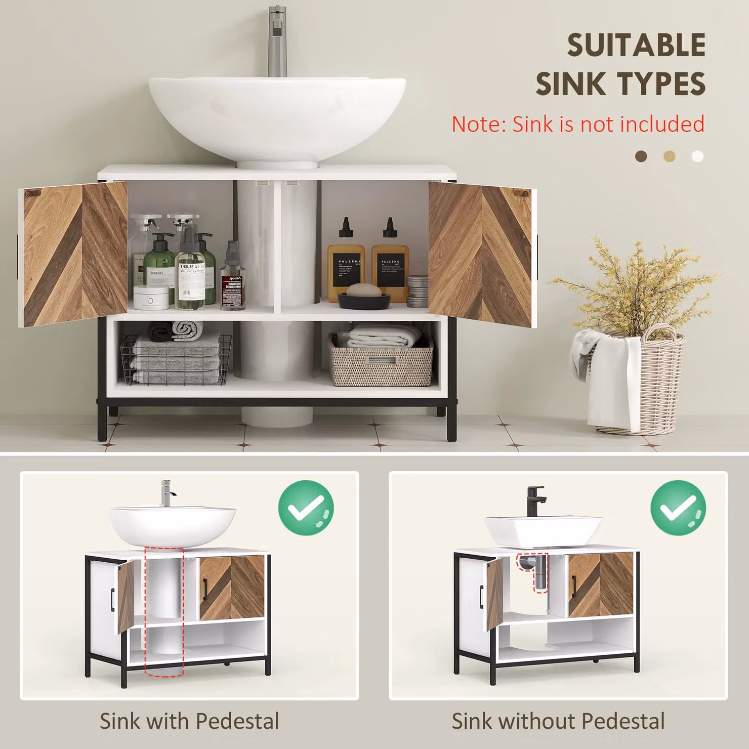 HOMCOM Rustic Multicolour Bathroom Under Sink Cabinet with Hinged Doors and Internal Shelves – 3