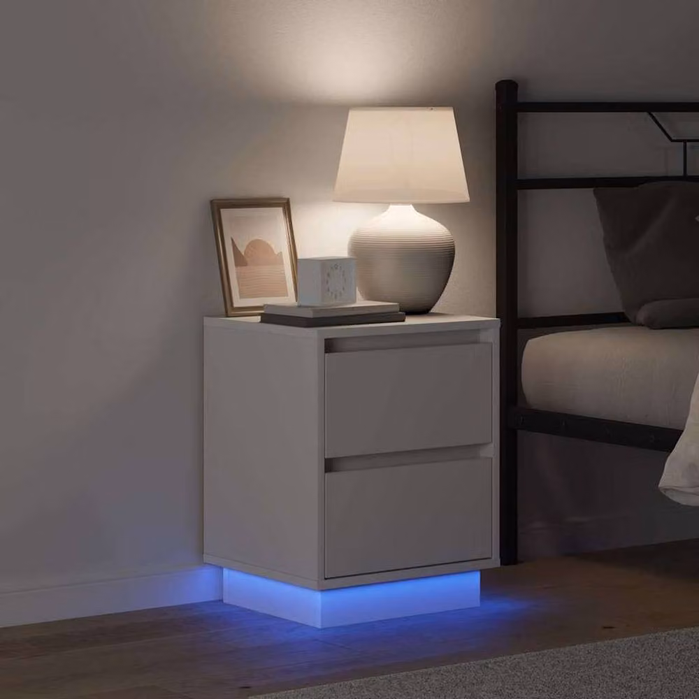 Berkfield Home Set of 2 White Bedside Cabinets with Integrated LED Lights and Soft Close Drawers, W/D/H: 39 x 34.5 x 50 cm – 2