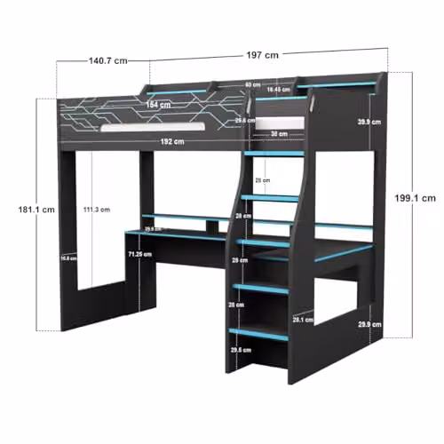 Flair Furnishings Ultimate Neon Gaming High Sleeper in Anthracite and Blue, W/D/H: 120 x 200 x 199.1 cm – 2