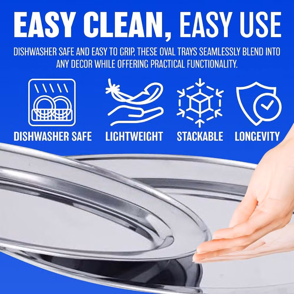 BARGAINS-GALORE Stainless Steel Oval Food Serving Plate and Curry Dish Tray in Silver, 35 cm – 5
