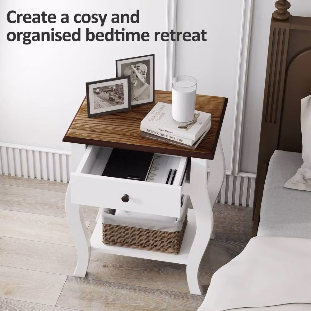 Wyld Haus Rifipa White French Style Bedside Tables Set of 2 with Drawer and Open Shelf – 4
