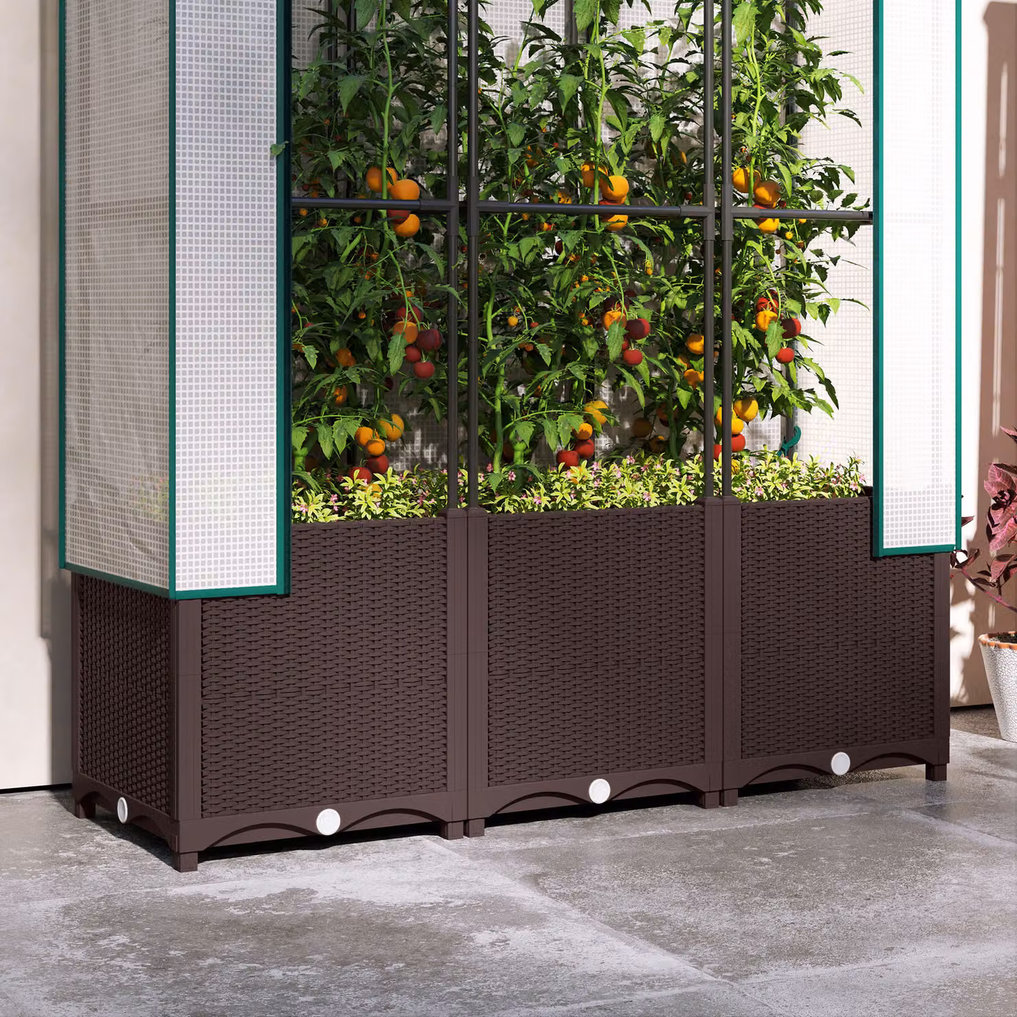 Outsunny Raised Garden Bed with Trellis in Brown, Plastic Planter Box with Drainage Holes for Vegetables and Flowers, W/D/H: 120 x 40 x 140 cm – 8