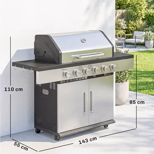 Outsunny 6 Burner Propane Gas BBQ Grill with Warming Rack, Thermometer and Wheels, Silver – 7
