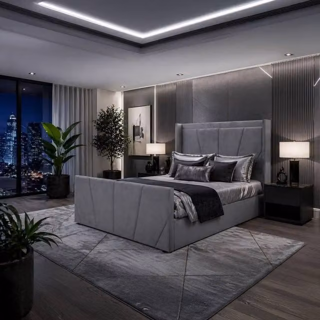 Harmin LUXURY Sunshine Winged Ottoman Bed in Grey Plush Velvet, EU Double, W/D/H: 140 x 200 x 126.5 cm – 1