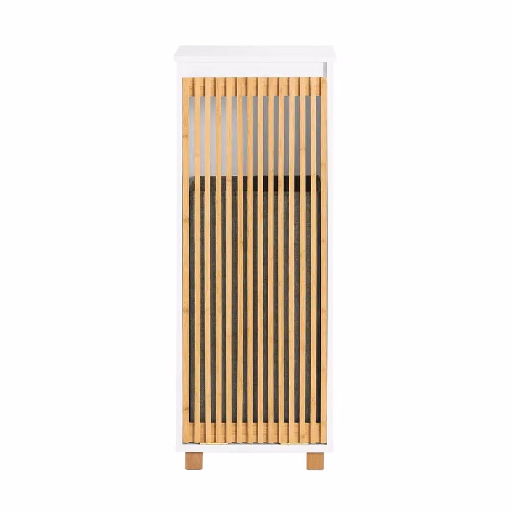 SoBuy Slim White Bathroom Cabinet with Bamboo Slat Front and Laundry Basket – 2